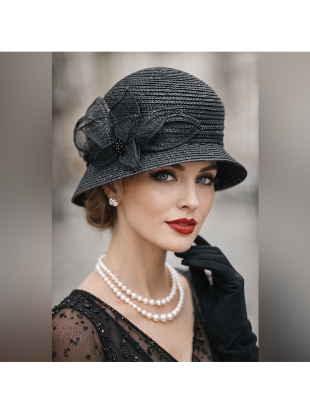 Elegant Black Straw Cloche Hat with Decorative floral